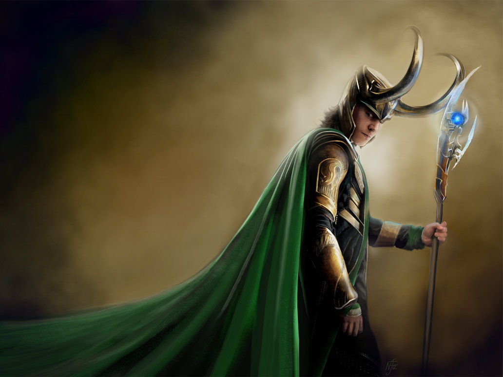 A man in green and gold holding an object - Loki