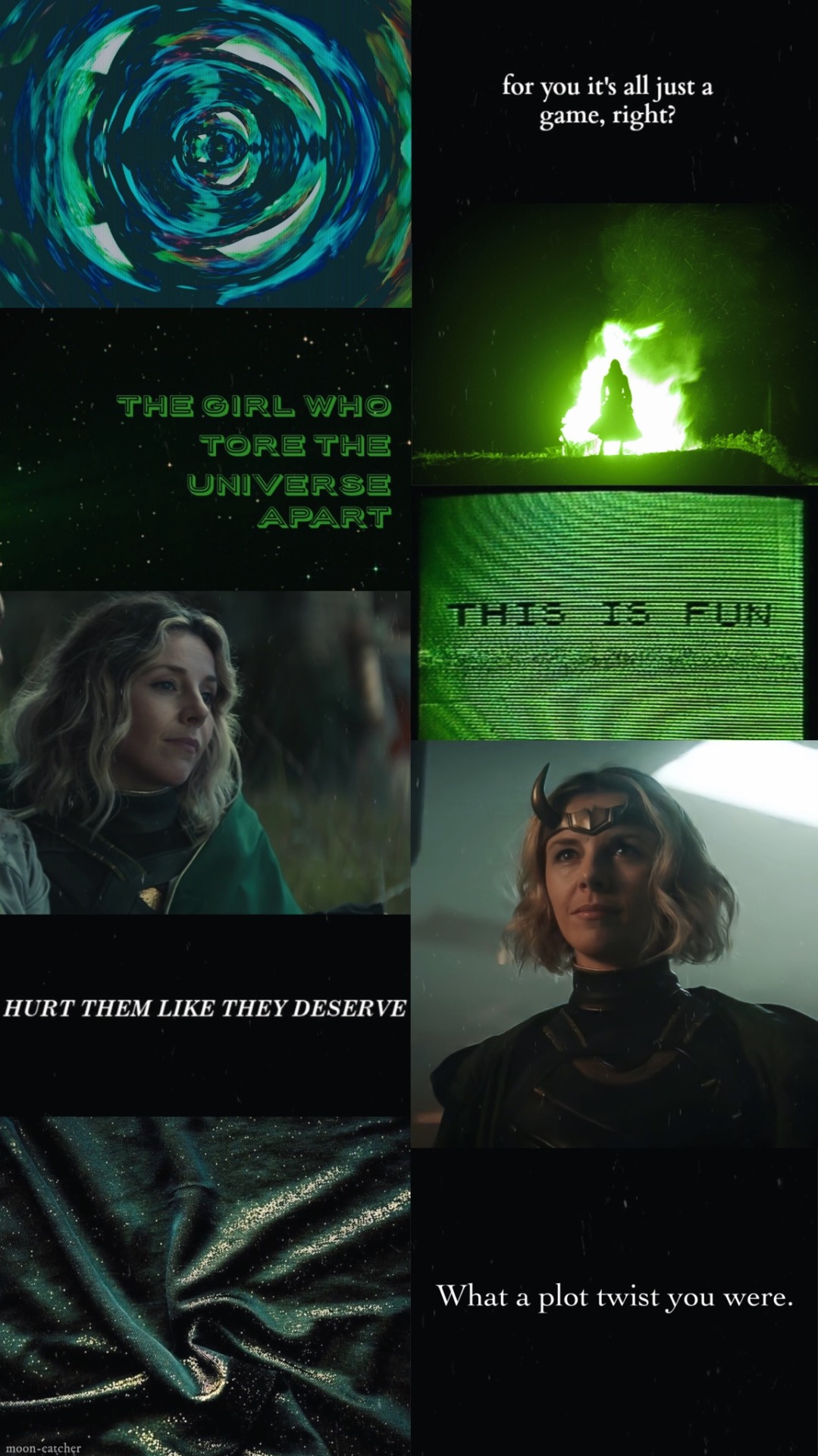 A collage of images from the show, including a green spiral, a text that says 