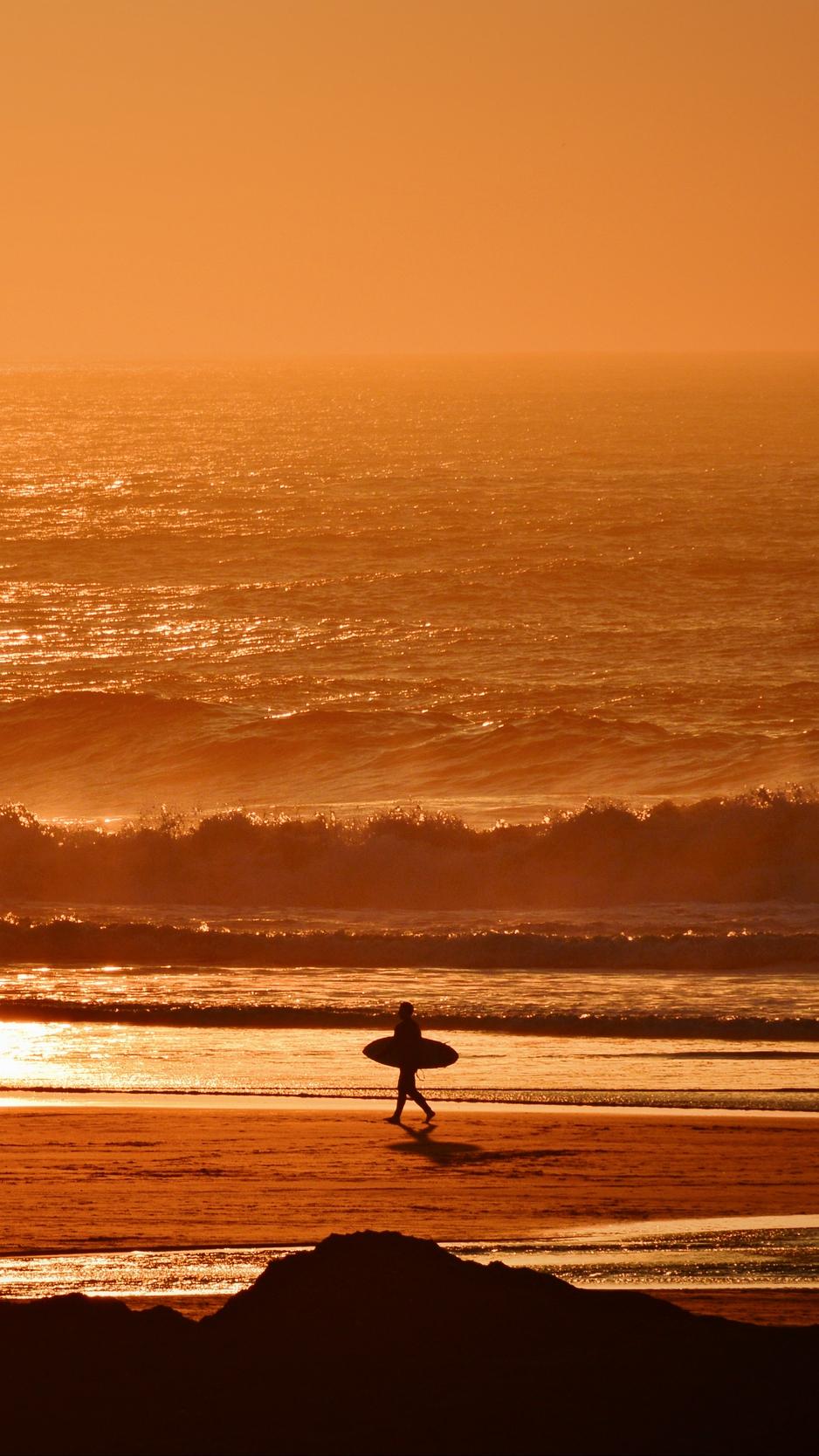 A surfer walking on the beach carrying his surfboard during sunset - Surf