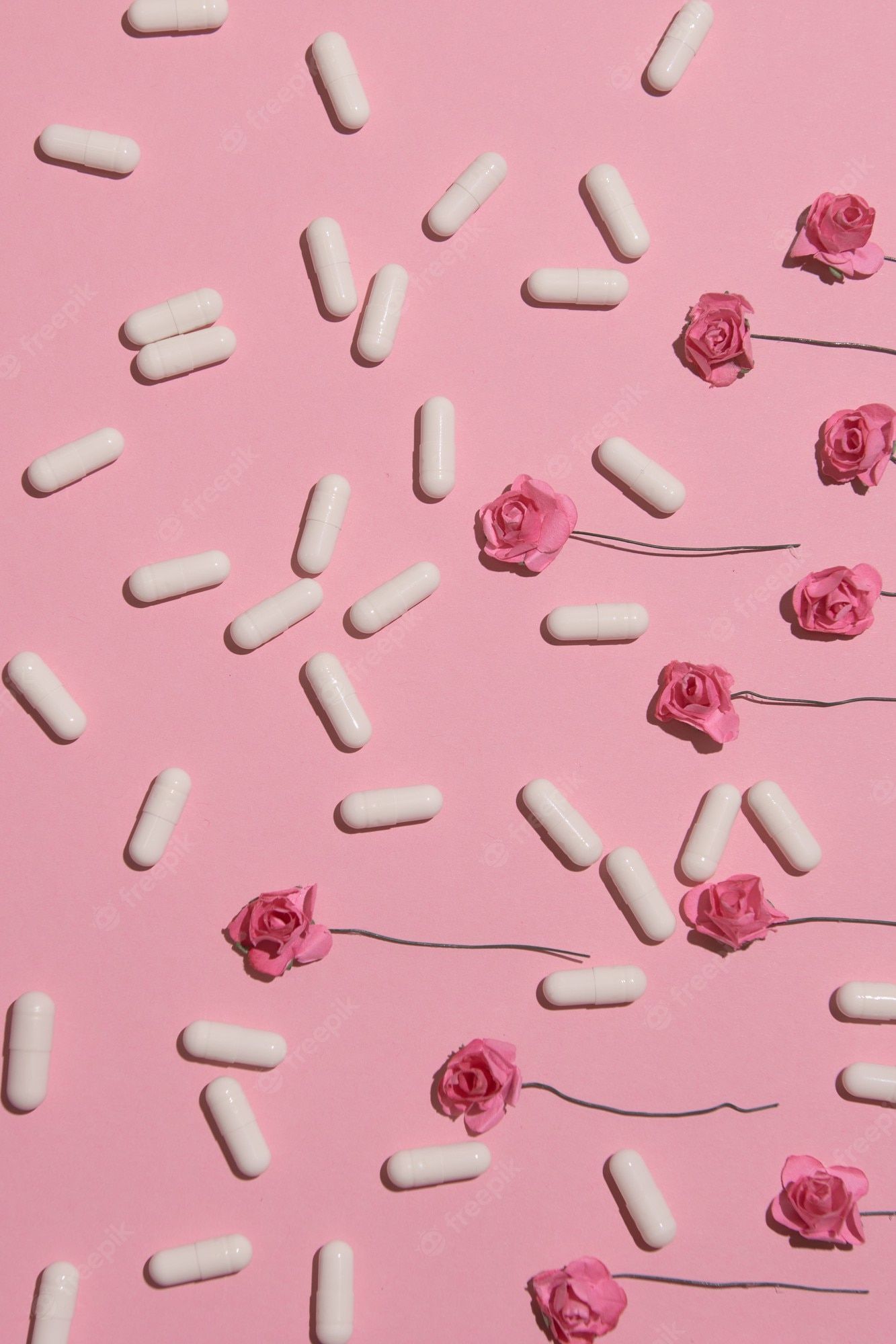 Pink roses and white tampons on a pink background - 