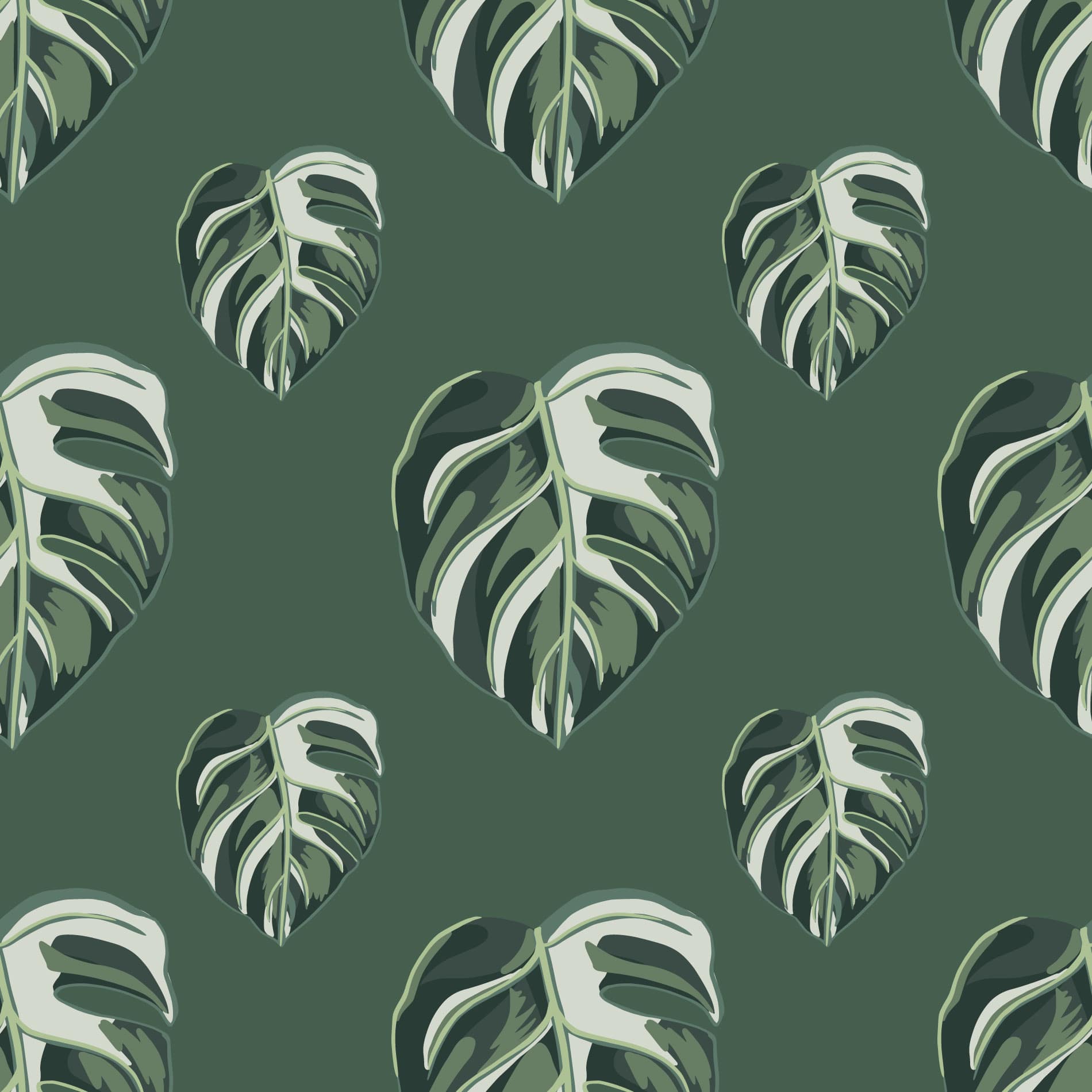 A pattern of green leaves on an olive background - Monstera