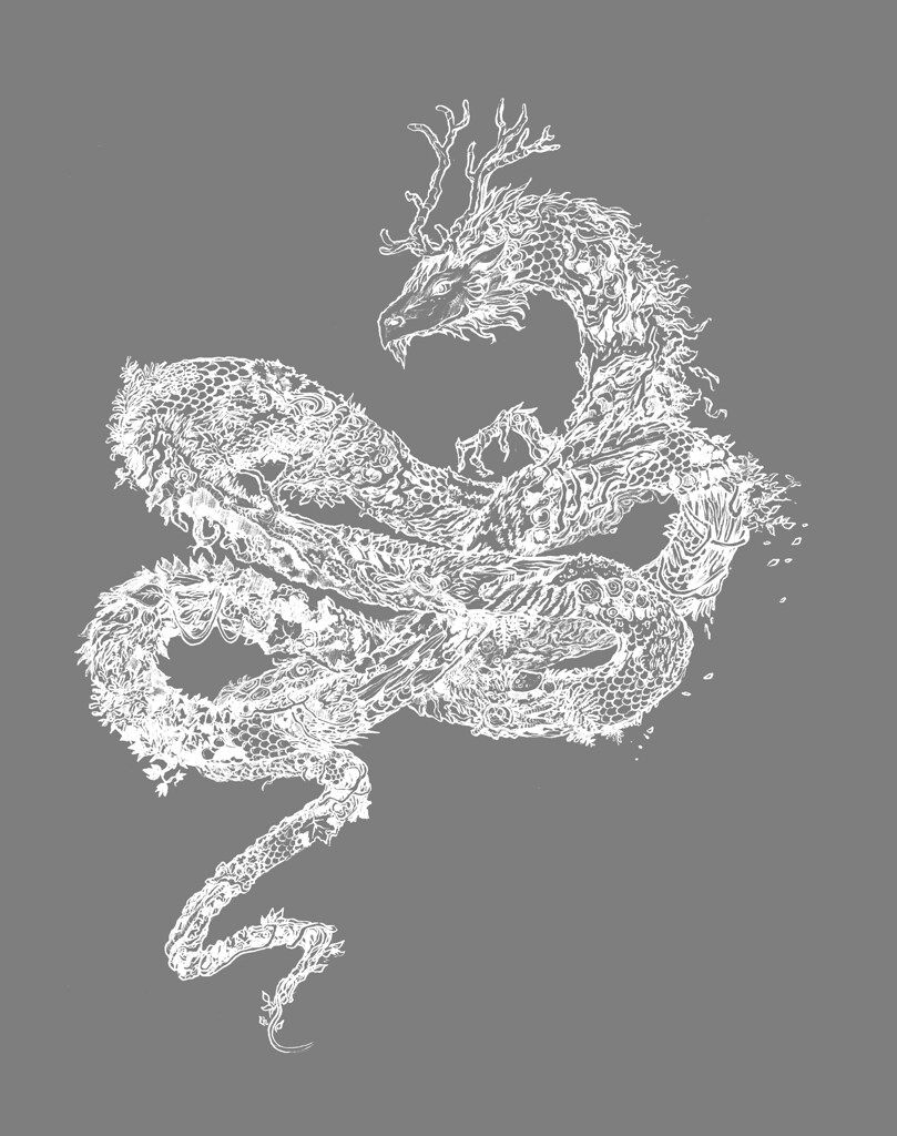 A white ink drawing of a dragon on a grey background - Dragon