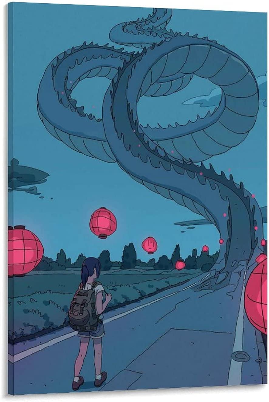 A painting of an asian woman walking down the road with lanterns - Dragon