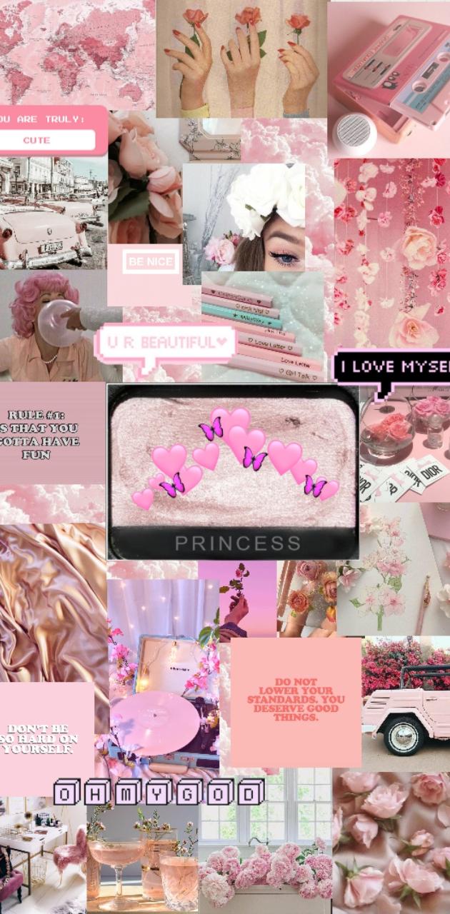 Aesthetic collage of pink photos with the words 