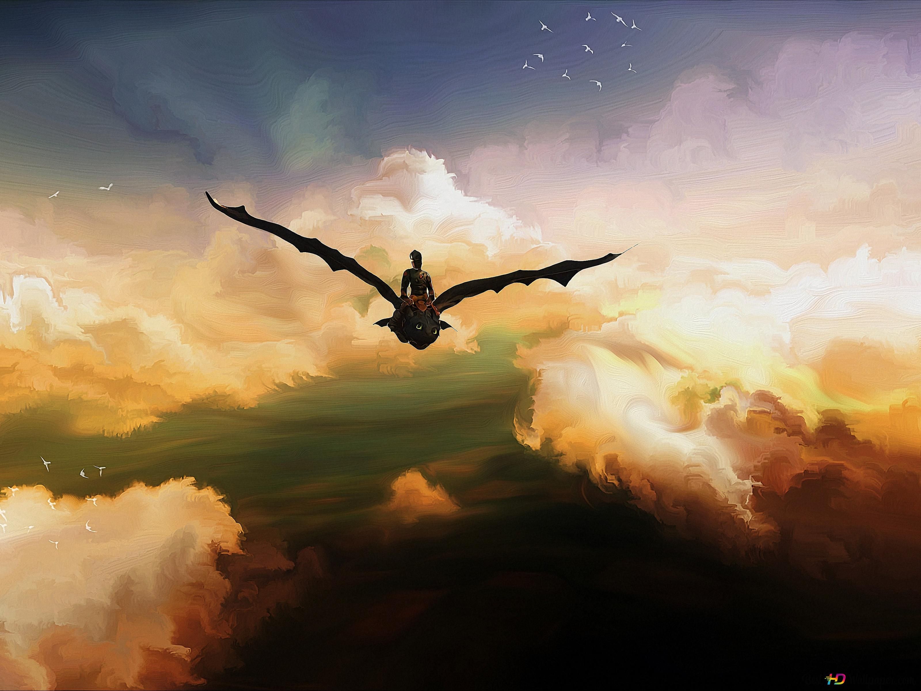 Digital painting of a man riding a bat through the clouds - Dragon