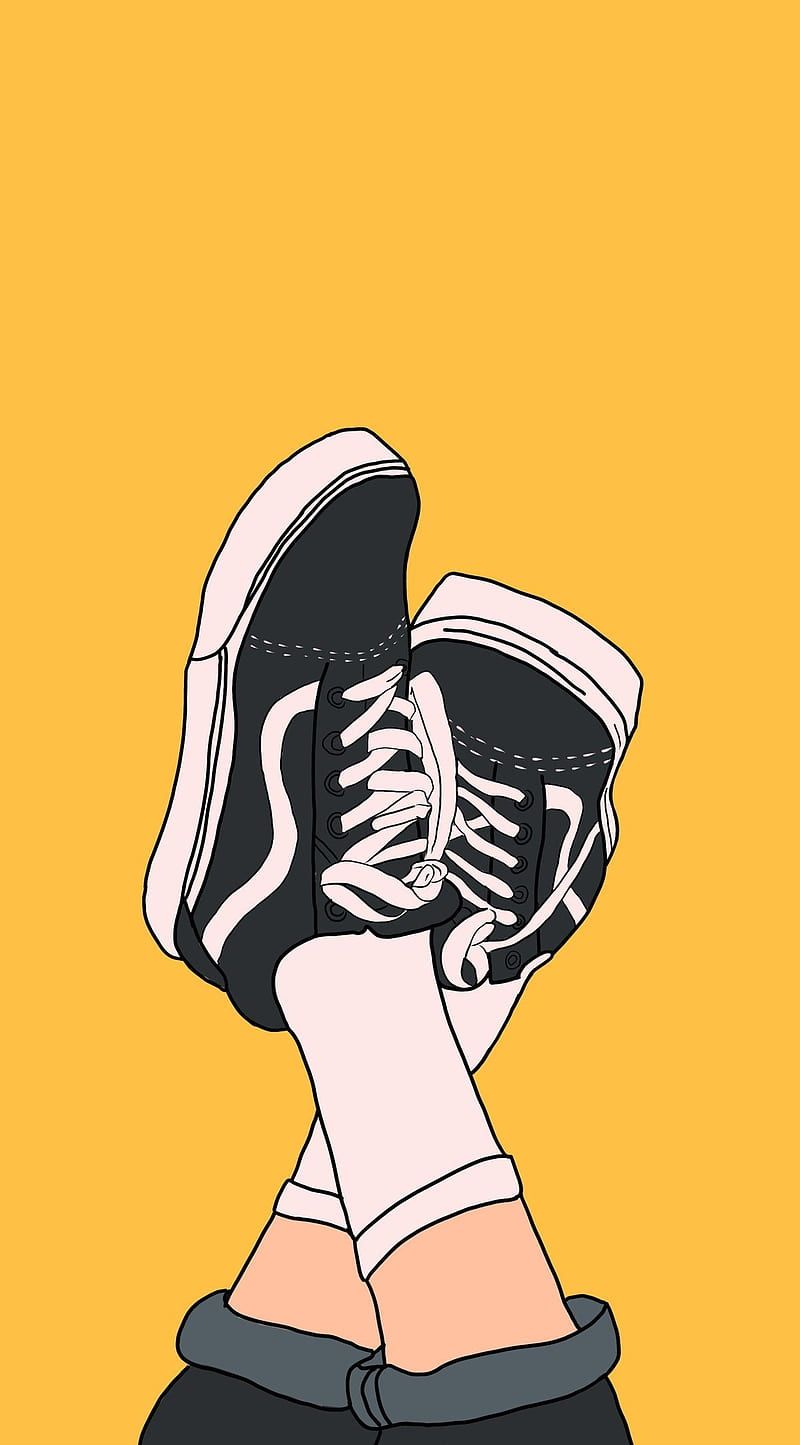 Illustration of a person's feet wearing black and white sneakers against a yellow background - Vans