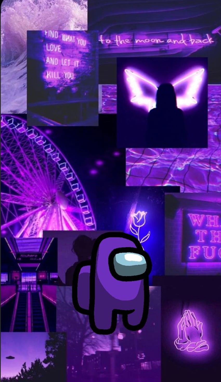 A collage of purple images with text - Among Us