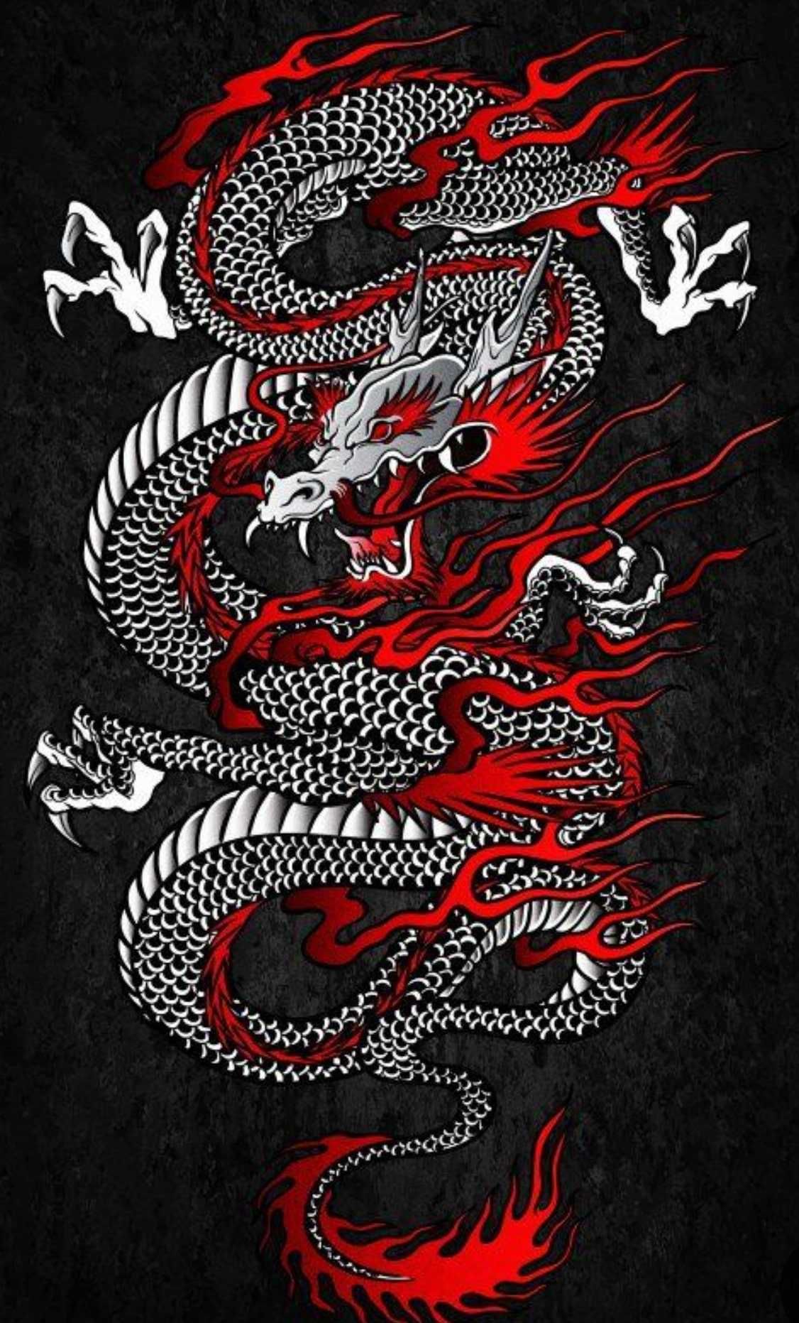 Red and white dragon on a black background - Dragon