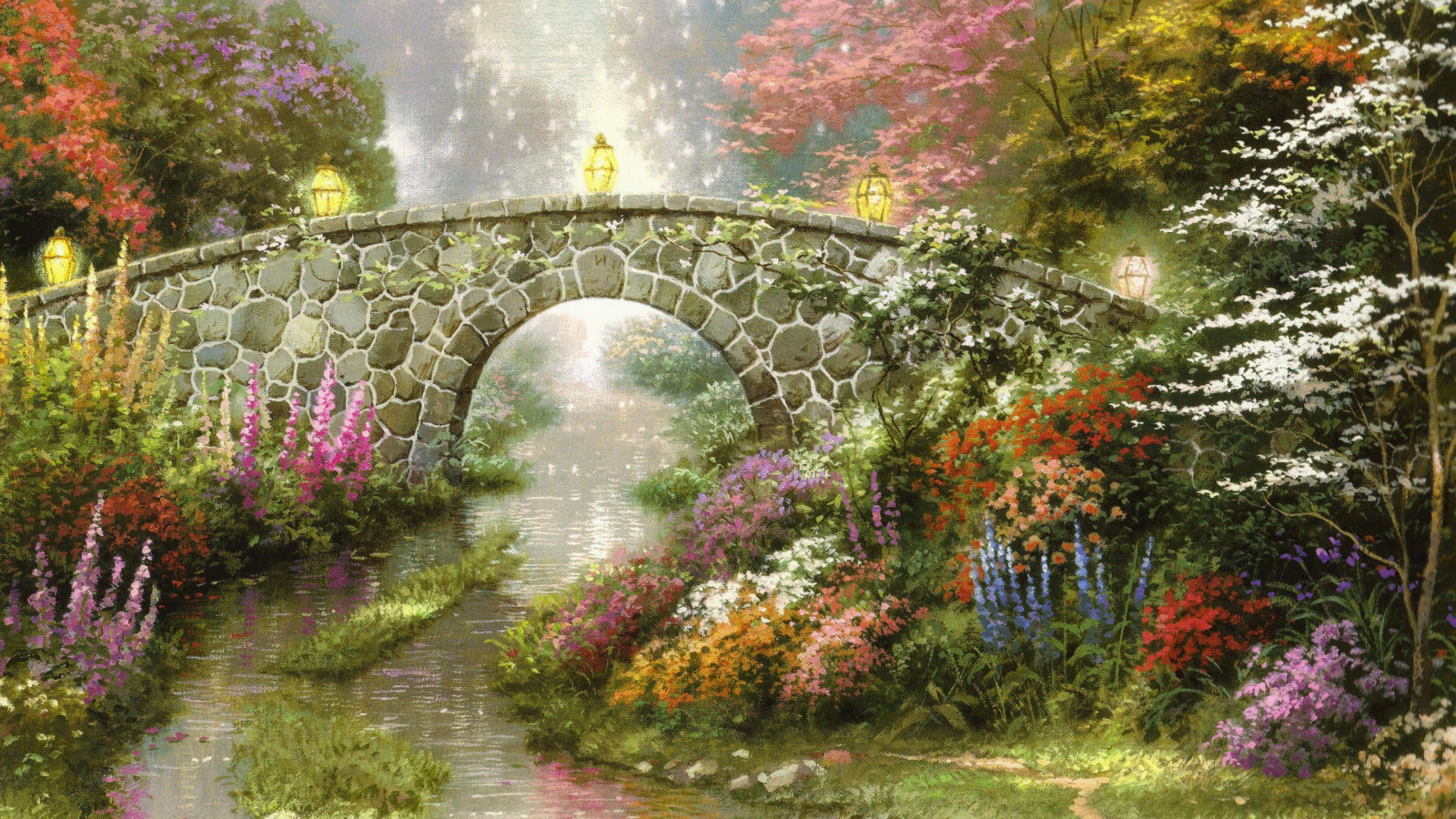 Wallpaper : painting, flowers, lantern, bridge, arch, stream, Thomas Kinkade, autumn, flower, flora, lawn, 2560x1440 px, botany, floristry, botanical garden 2560x1440