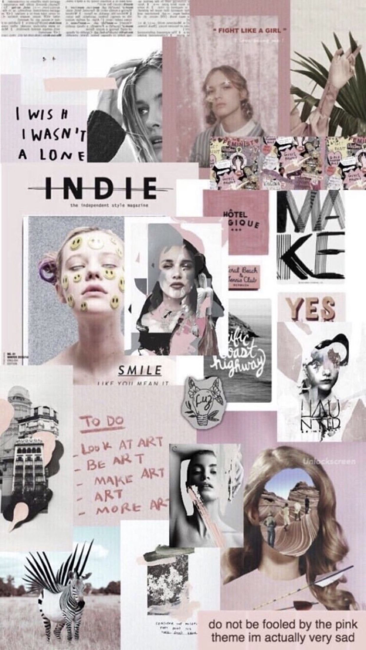 A collage of photos and words including a girl with her eyes closed, the word smile, a zebra, and the word art. - Fashion