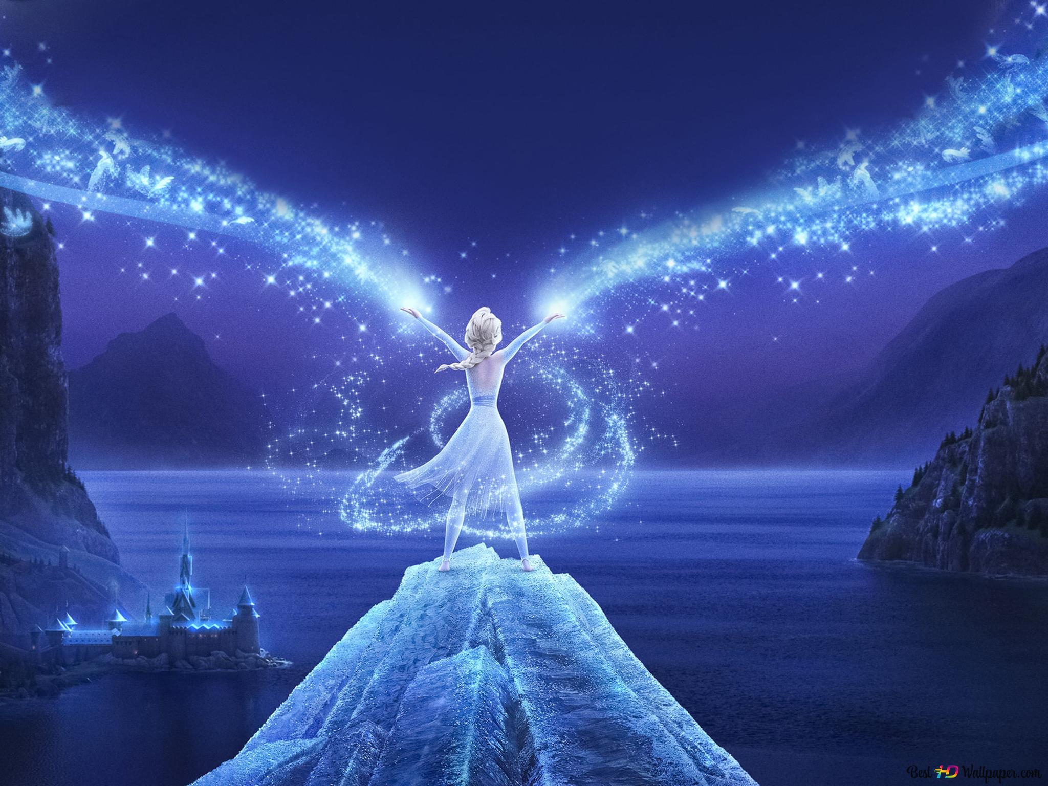 Queen Elsa magic looking at the sea at night 4K wallpaper download