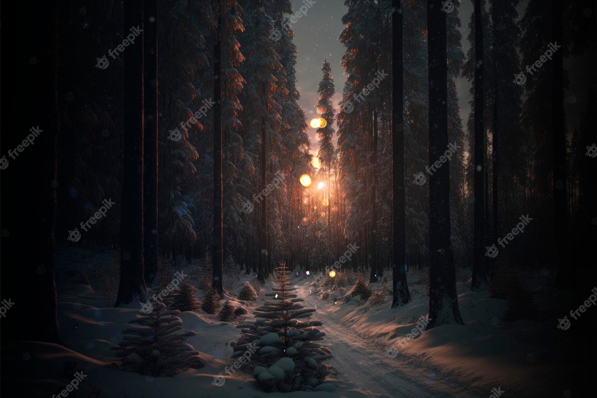 A snowy forest with lights in the background - Magic