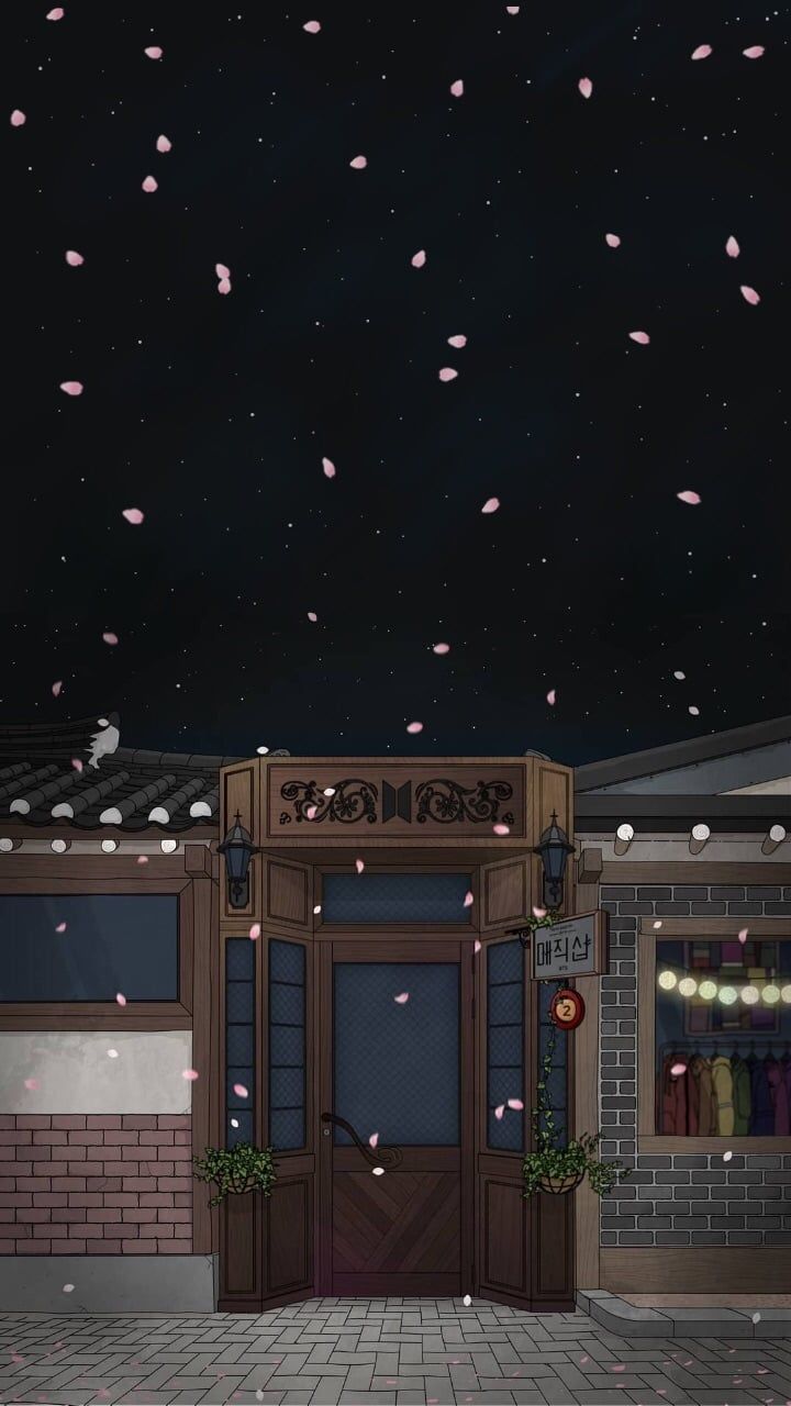 Aesthetic anime background of a building with a starry sky - Magic