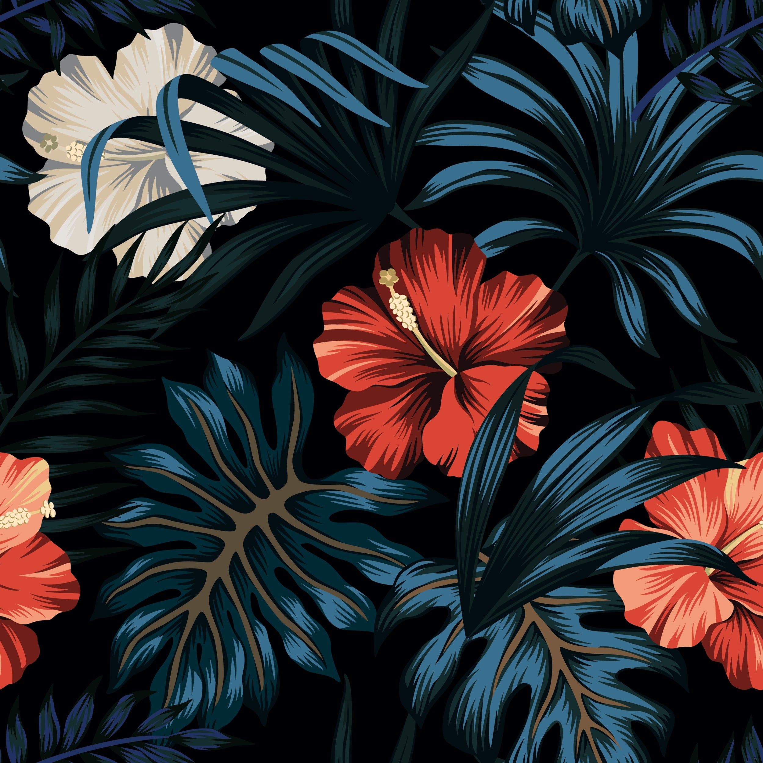 A dark floral wallpaper with red and white flowers - Hawaii, tropical