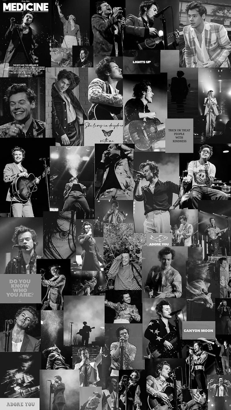 A collage of Harry Styles photos in black and white - One Direction
