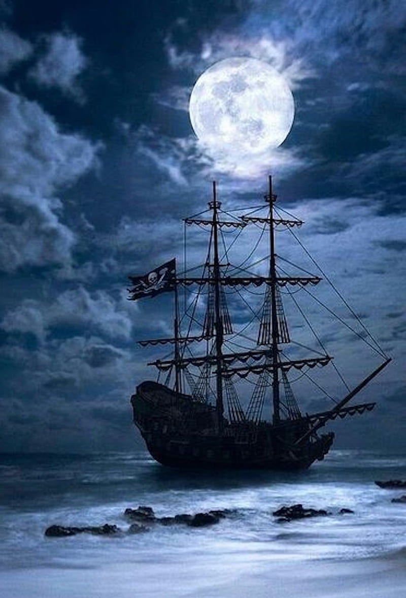 A pirate ship in the ocean underneath full moon - Pirate