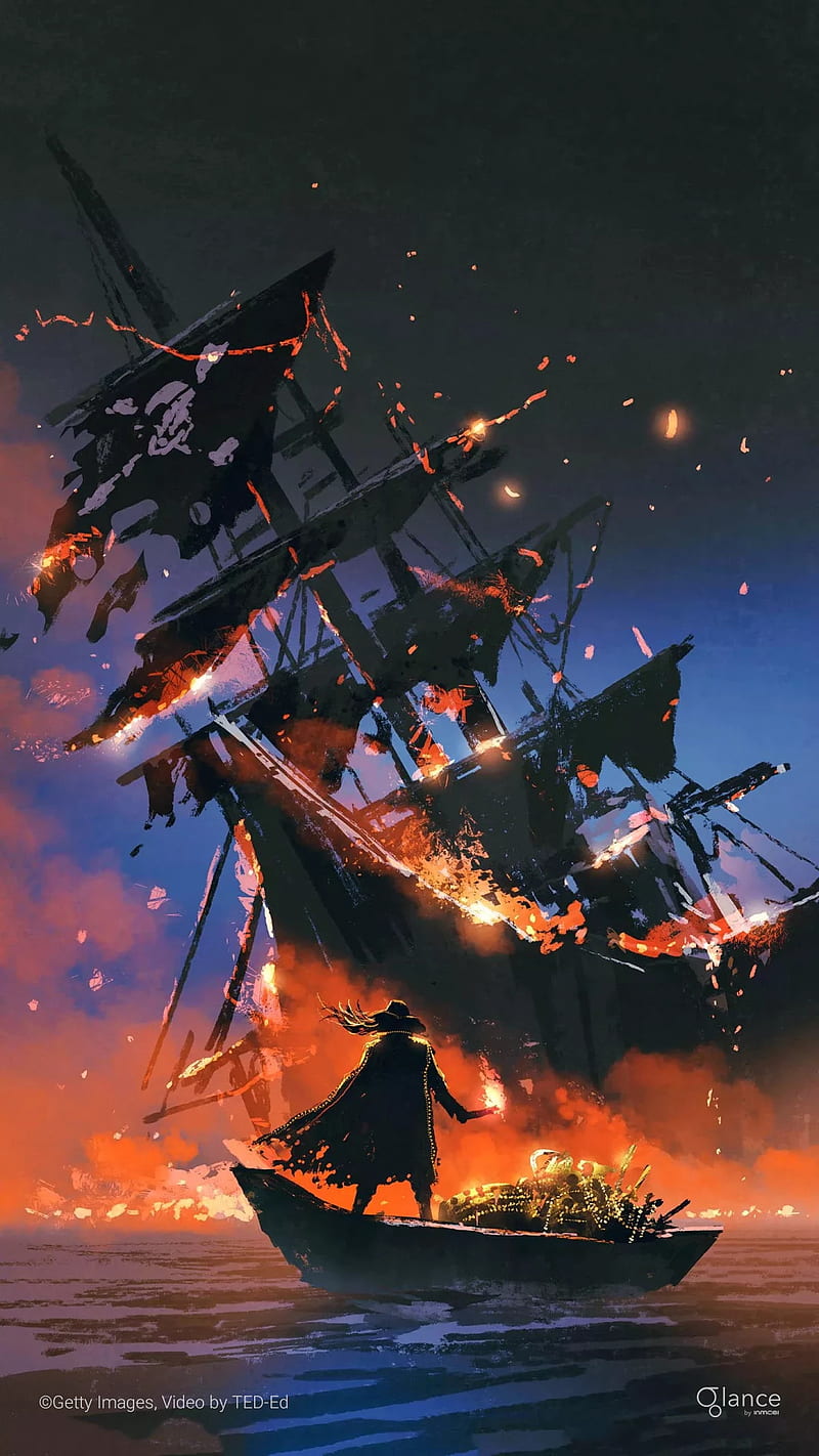 A ship on fire sinks into the ocean - Pirate