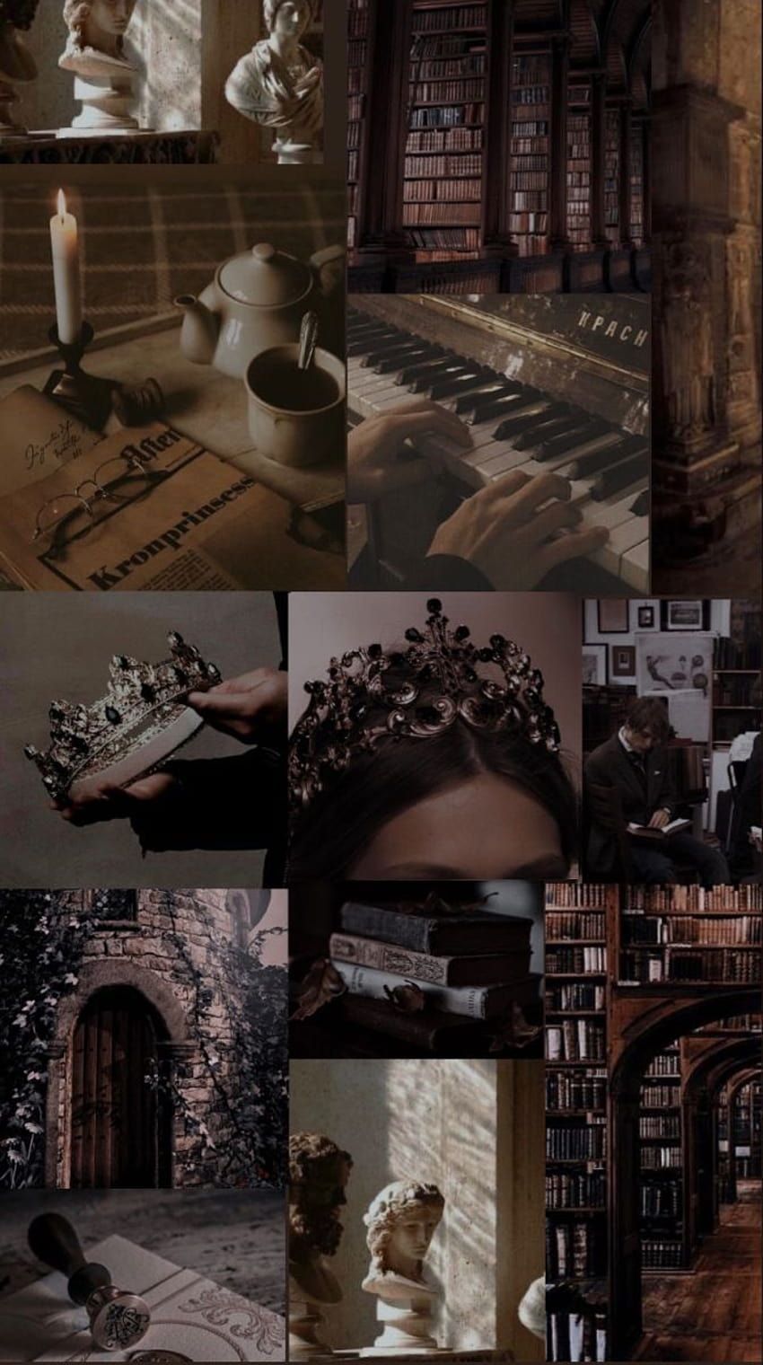 Aesthetic collage of a library, a book, a candle, a typewriter, a statue, a cup, a bookshelf, a bust, a chair, and a book. - Royalcore