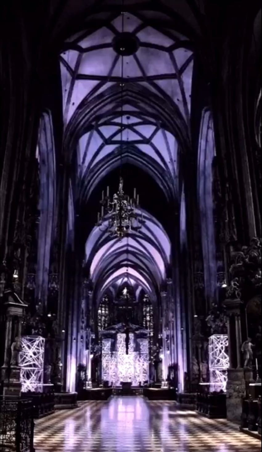 The inside of a cathedral with purple lighting. - Royalcore