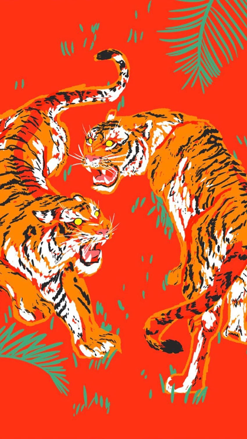 Three orange tigers on a red background - Tiger