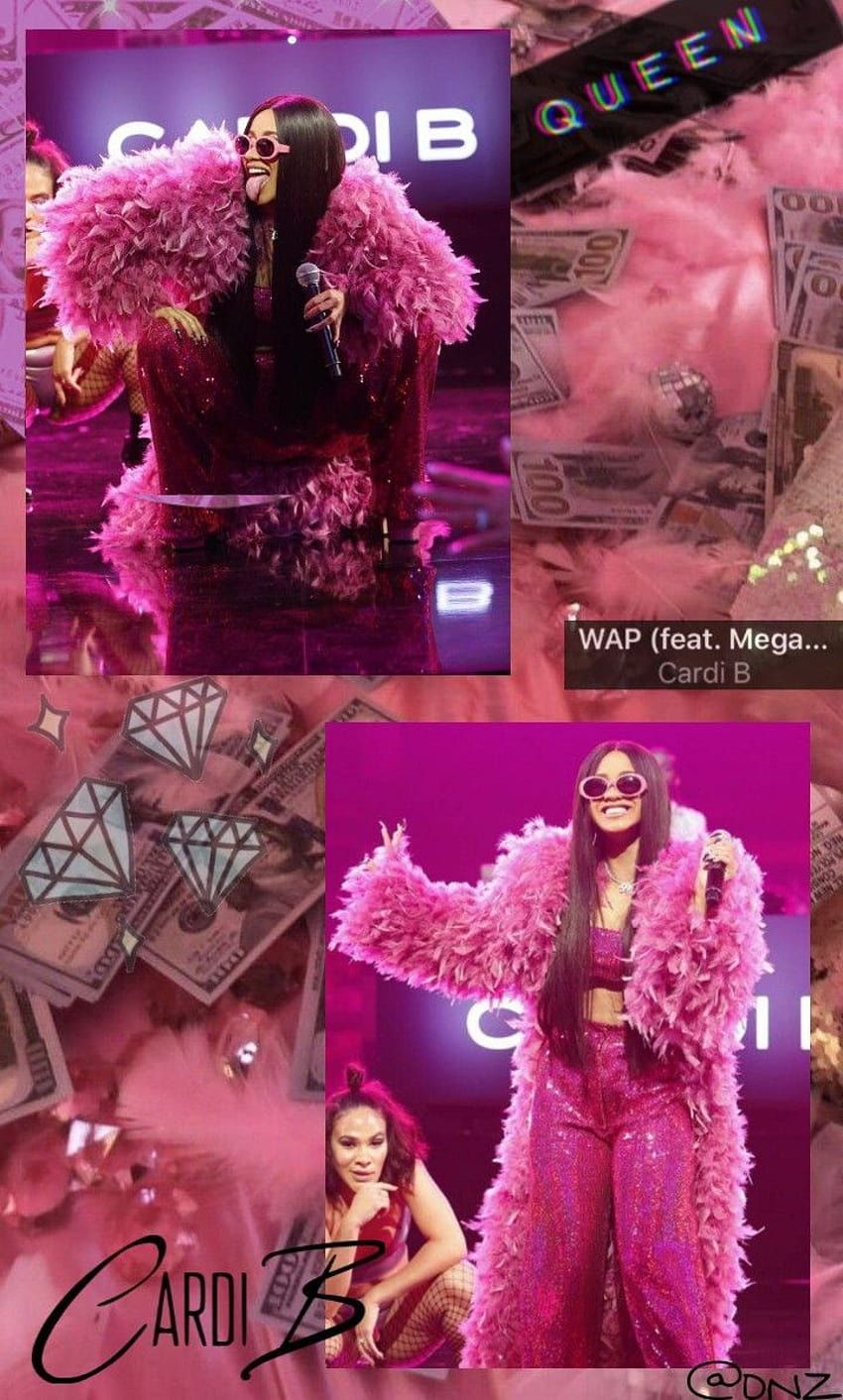 A collage of Cardi B in a pink feathered jacket and sunglasses. - Cardi B