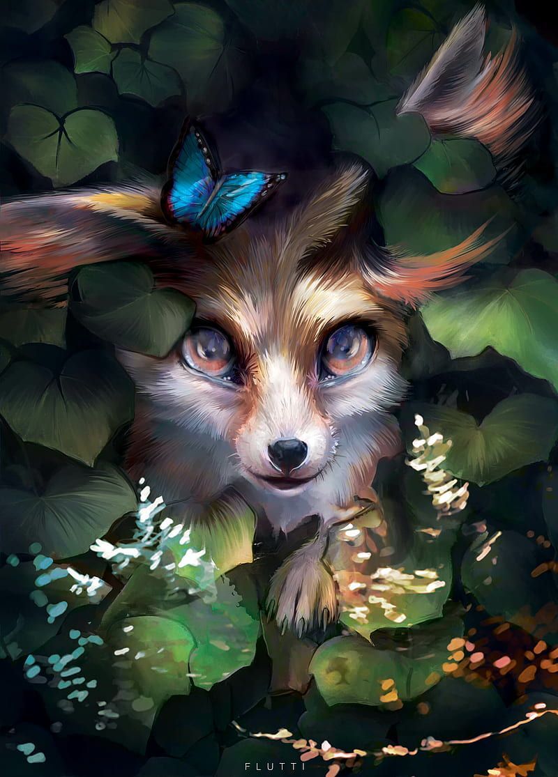 A digital painting of a fox with a butterfly on its head - Fox