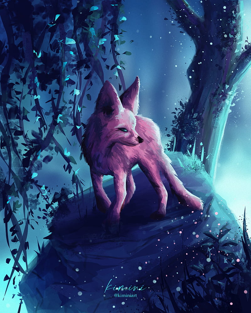 A pink fox stands on a snowy hill in a forest - Fox