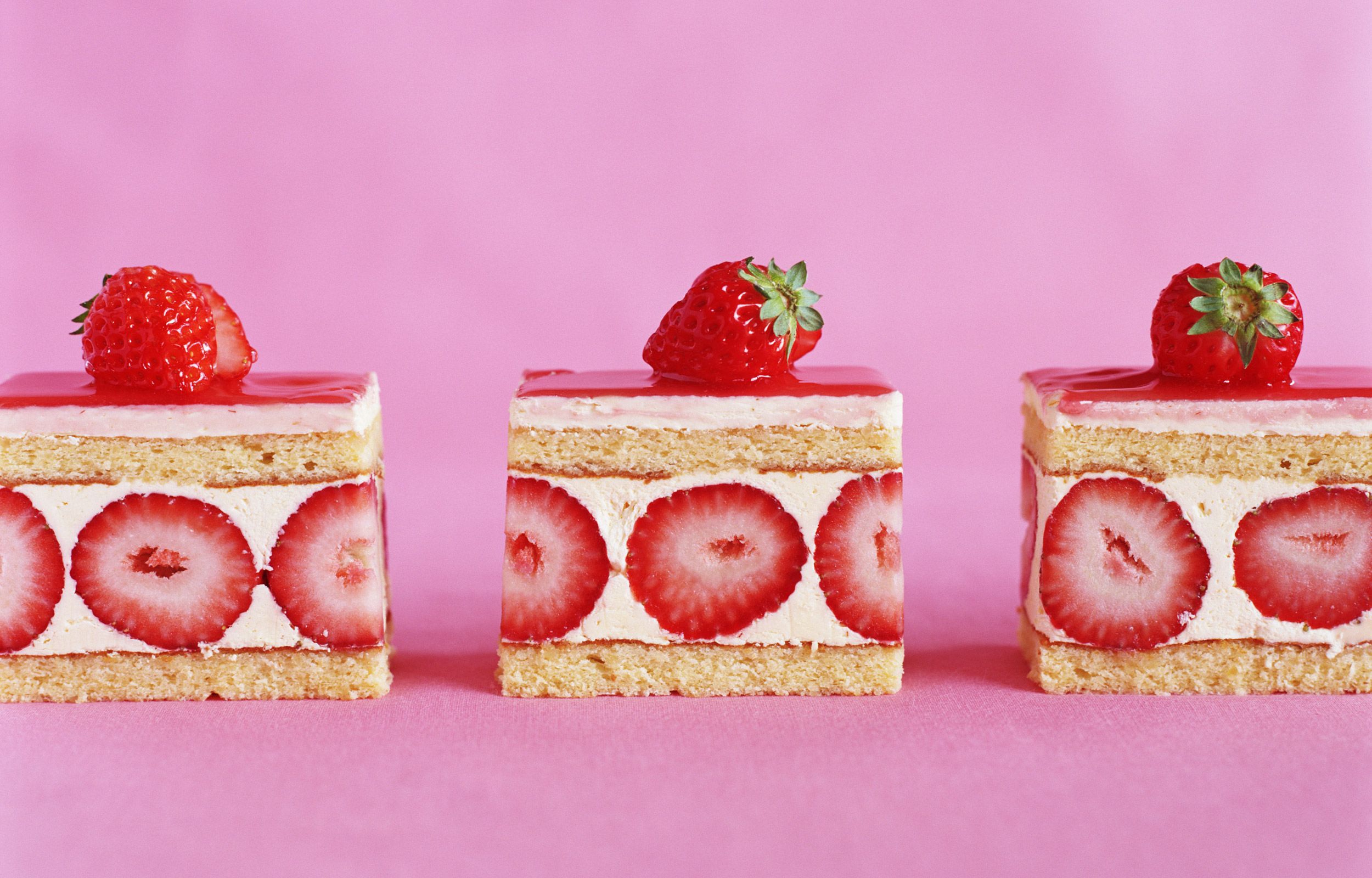 A row of three square pieces of strawberry cake - Foodie, strawberry, food, cake