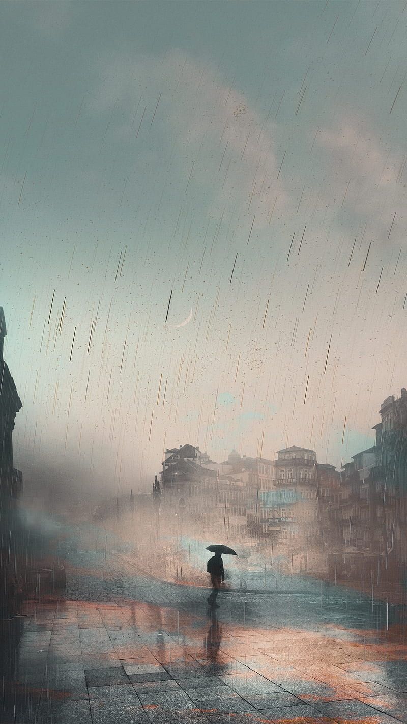 Weird rain, aesthetic, fog, foggy, man, moon, rain, surreal, umbrella, weird, HD phone wallpaper