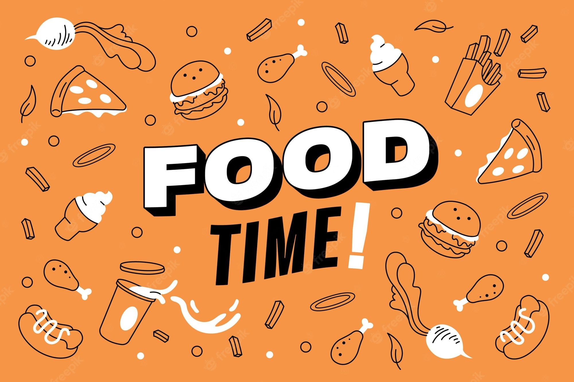 An orange graphic with the words 'Food Time' in the middle surrounded by different food illustrations - Foodie, food