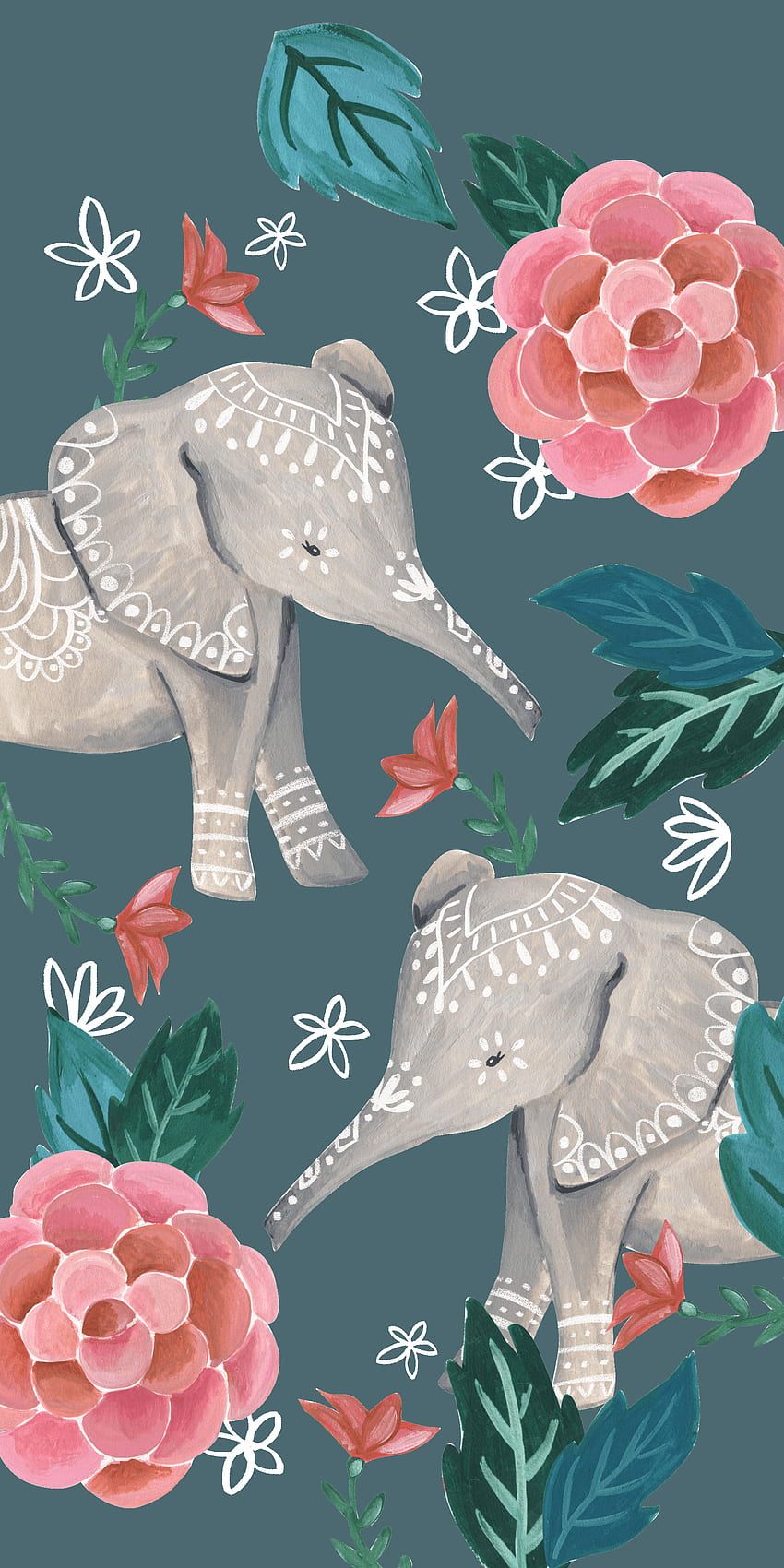A watercolor of two elephants and flowers - Elephant