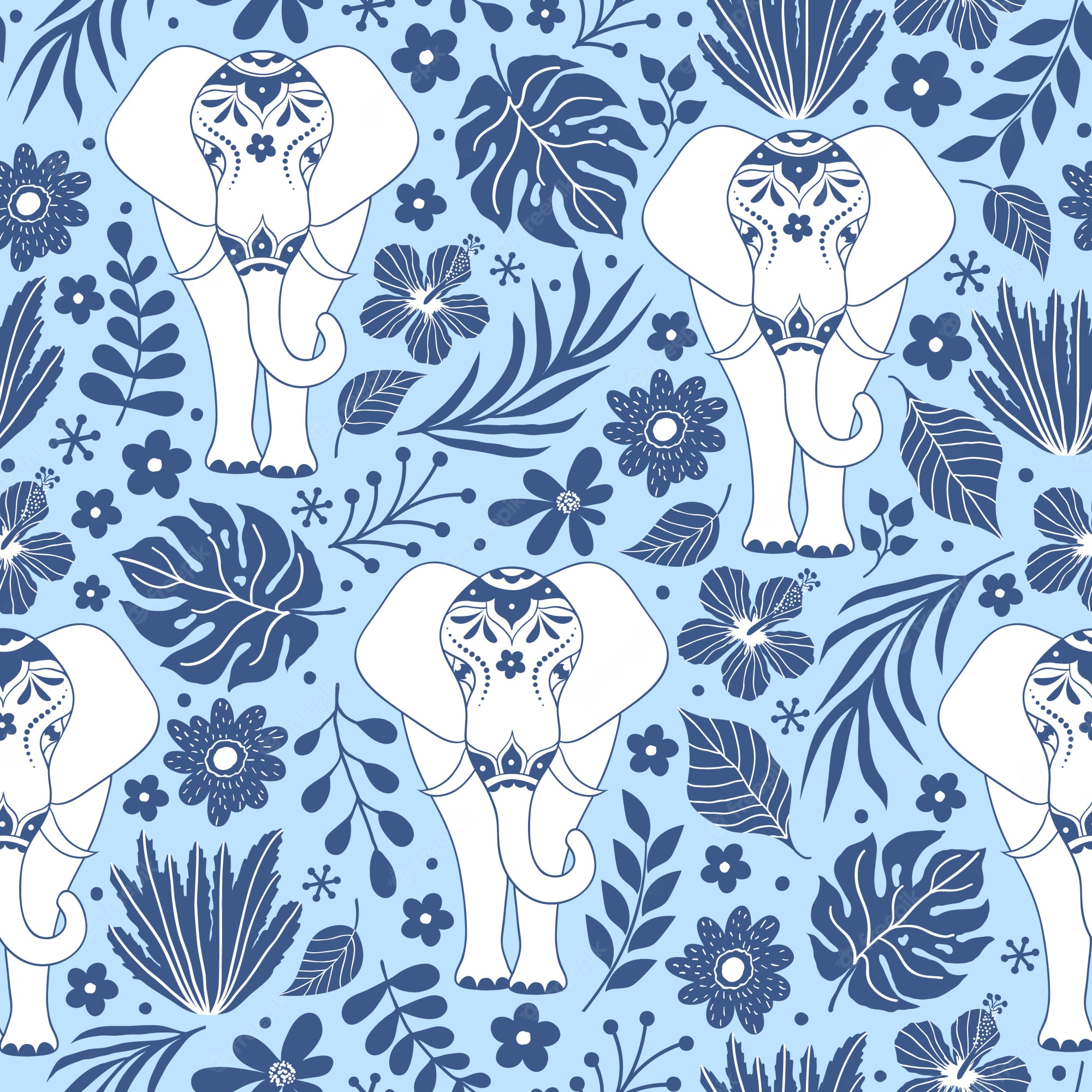 A blue and white elephant pattern - Elephant