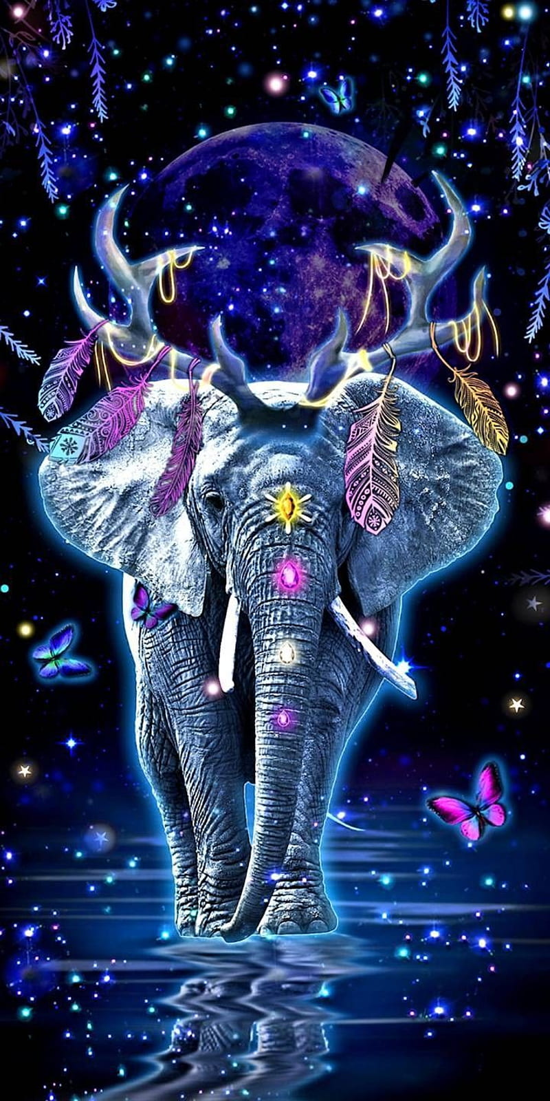 IPhone wallpaper of a neon elephant with antlers and feathers walking through a galaxy - Elephant
