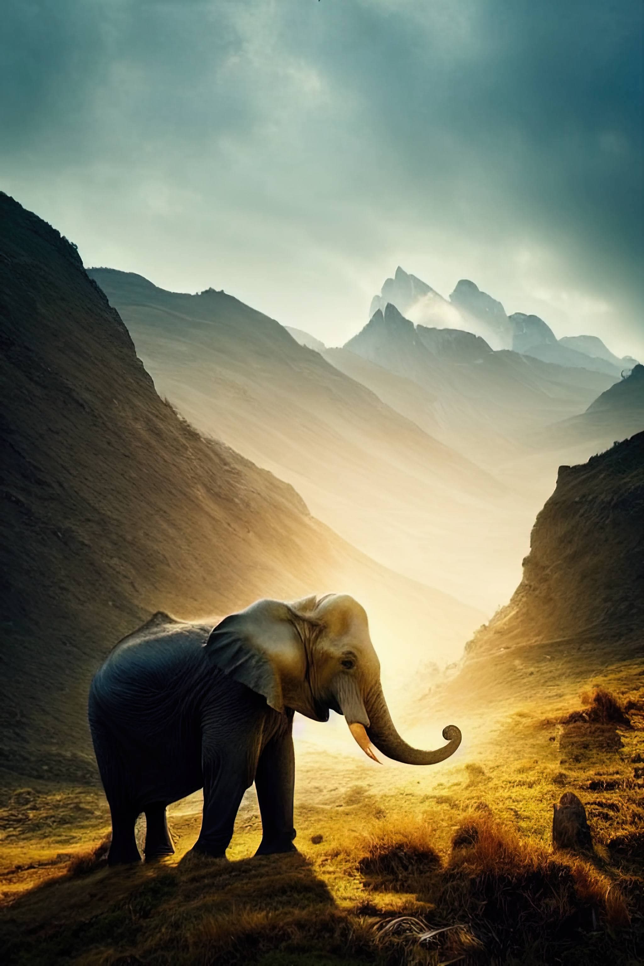 An elephant standing in a field with mountains behind it - Elephant