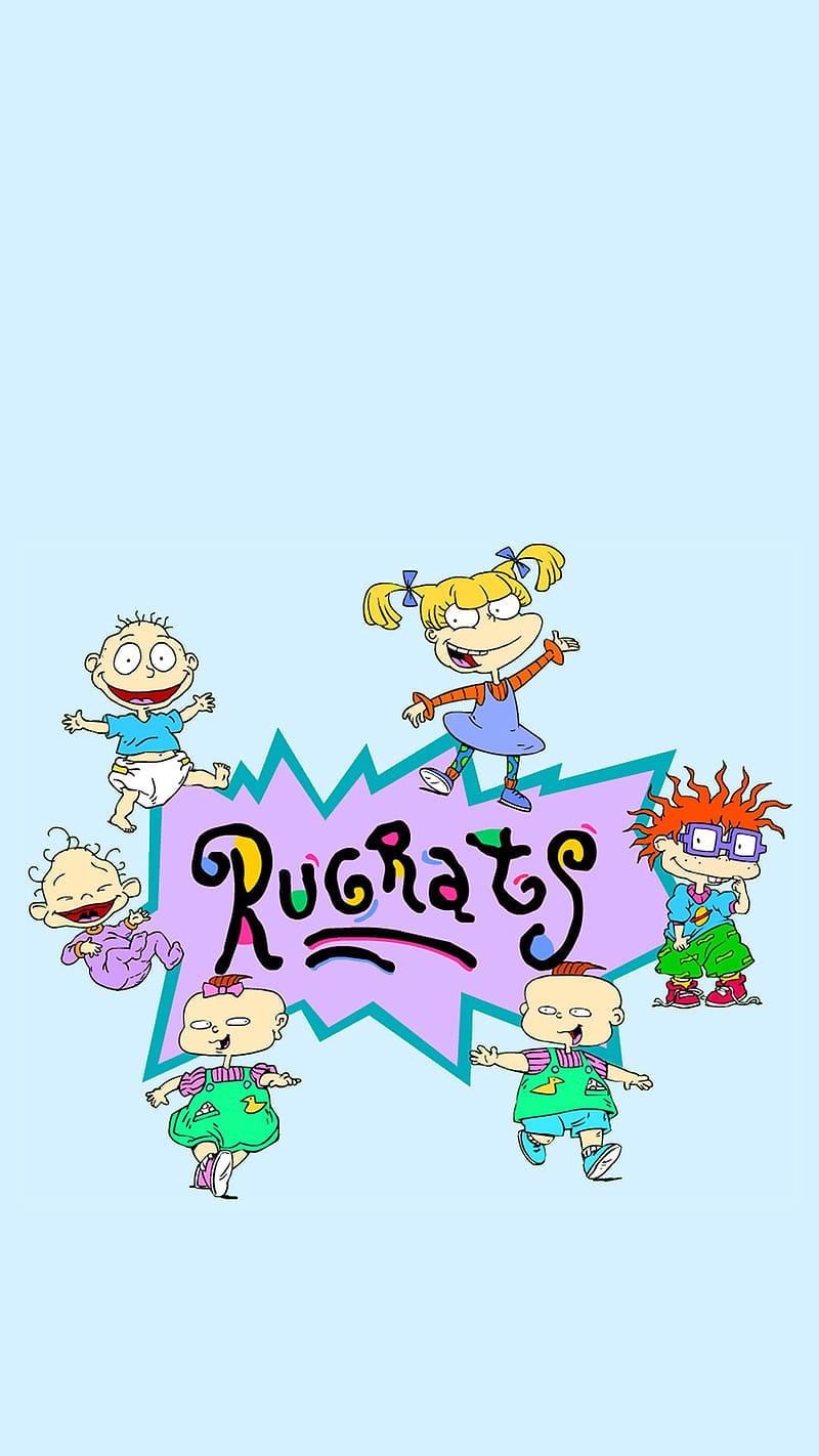 A blue background with the Rugrats logo in the center and the characters around it. - Rugrats