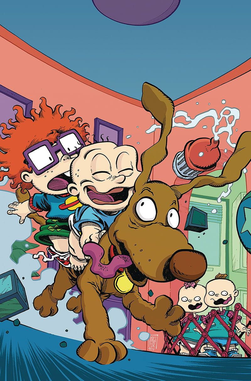 An illustration of the Rugrats characters, including a brown dog, being playful. - Rugrats