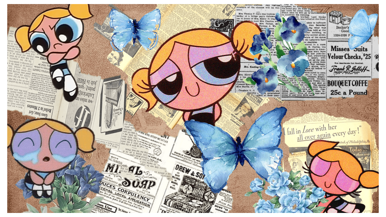 A collage of cartoon characters and flowers - The Powerpuff Girls