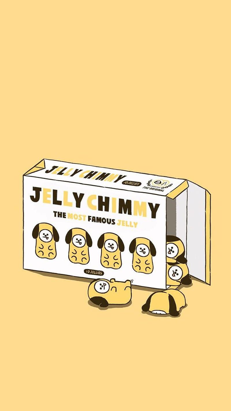 A yellow background with a box of jelly chimmy on the front - BT21