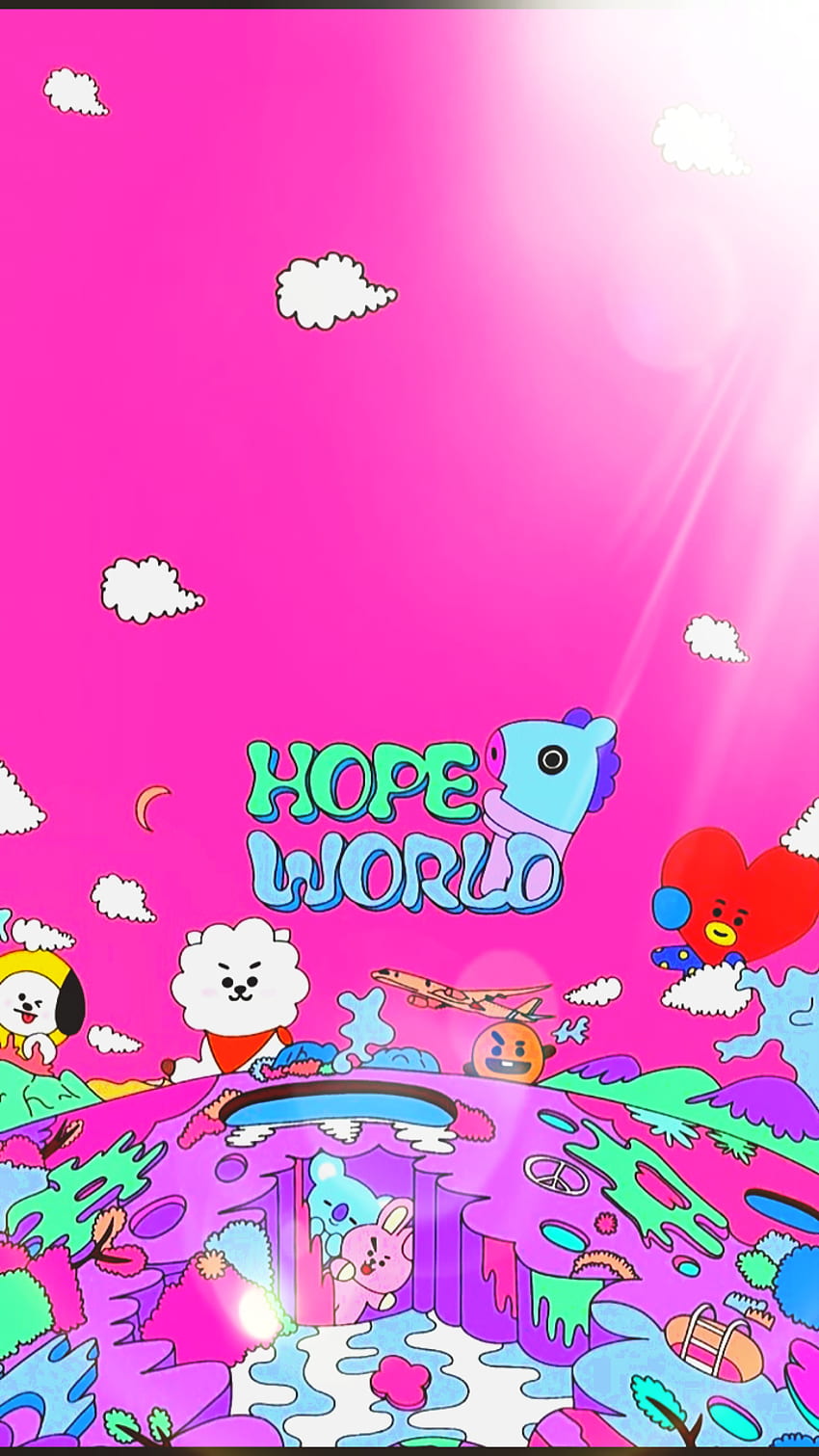 A pink background with cartoon characters and words - BT21