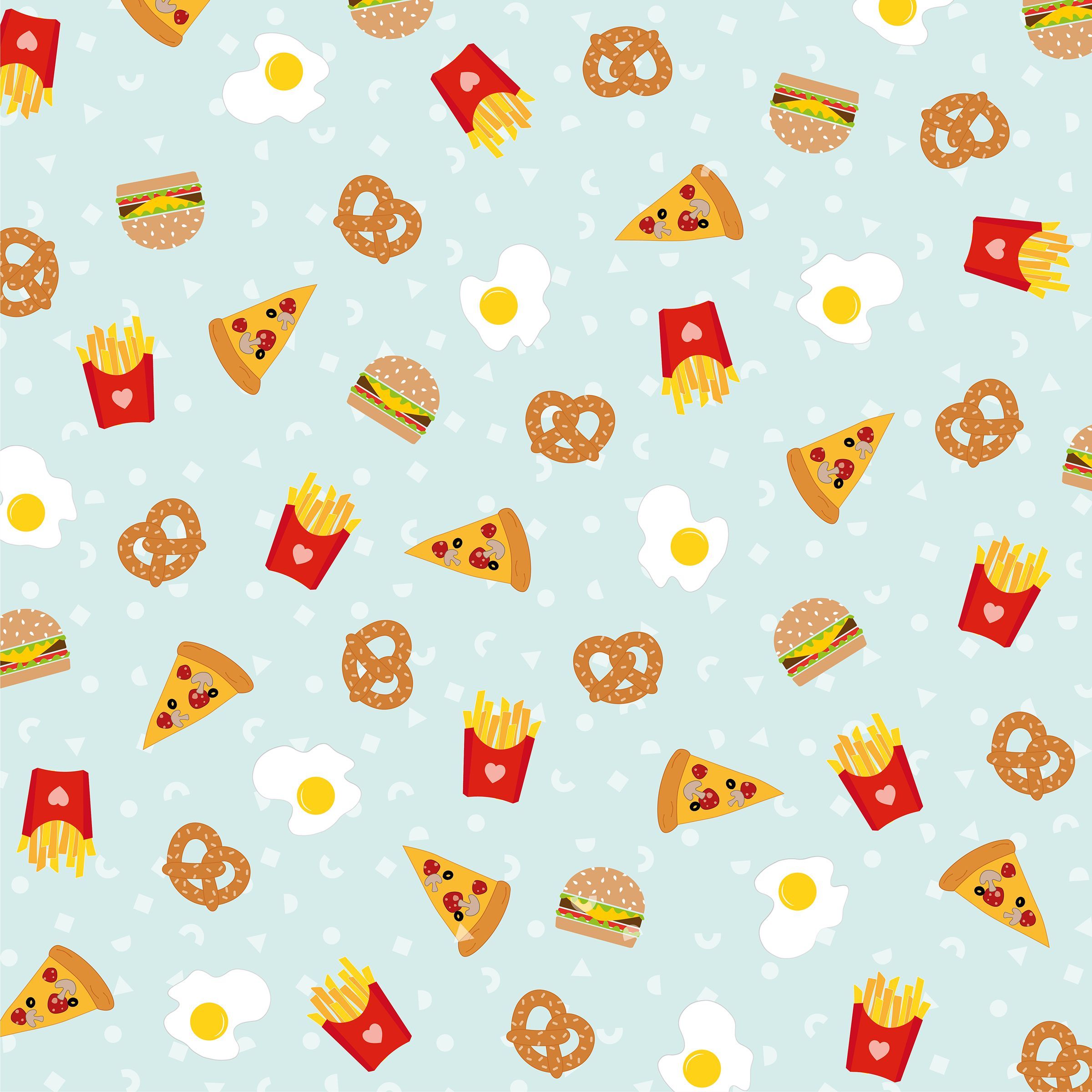 A pattern of food items on blue background - Foodie, food