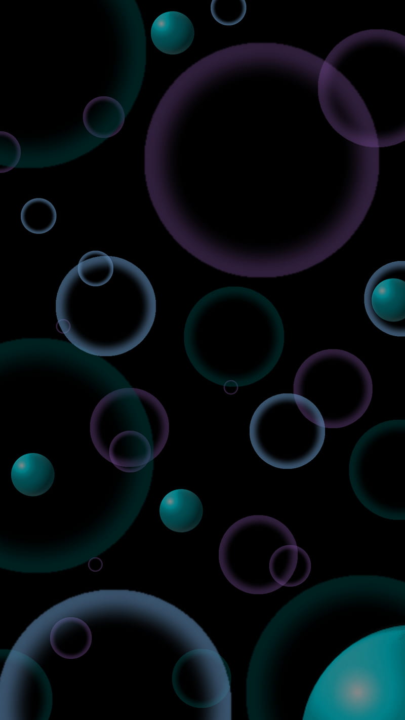 A black wallpaper with blue and purple bubbles floating on it - Bubbles