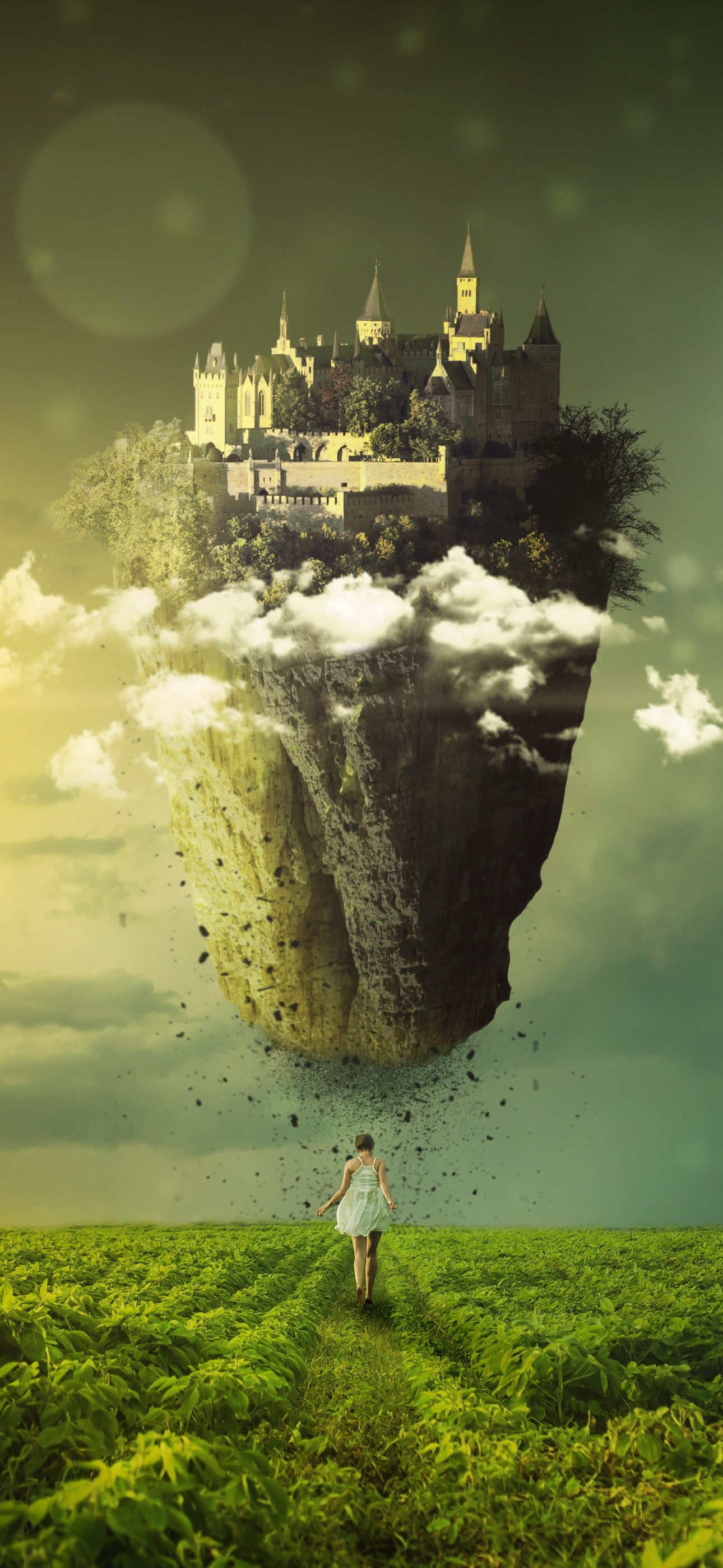 A castle sits atop a floating island in the sky. - Castle
