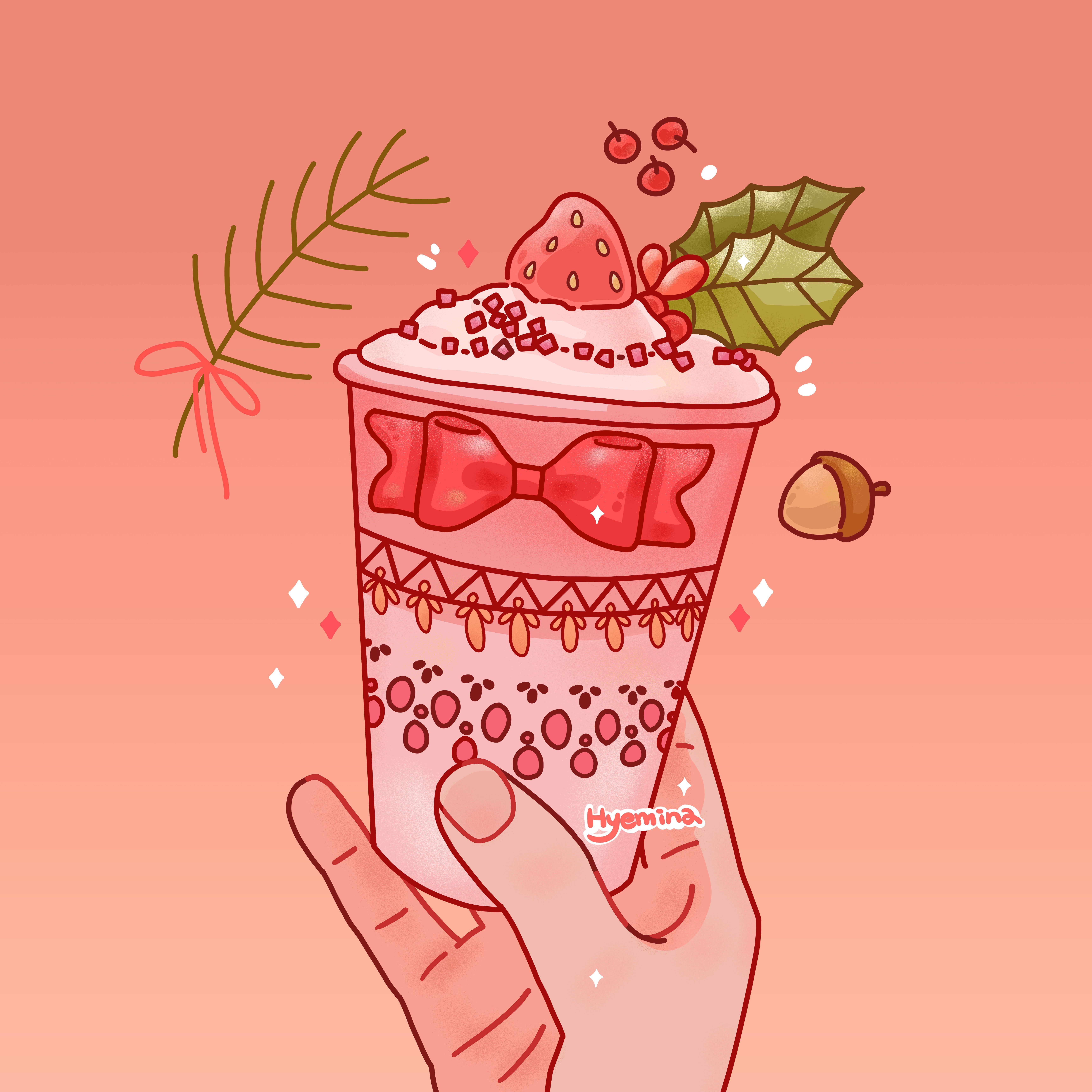 A hand holding up an ice cream cup with strawberries and leaves - Foodie