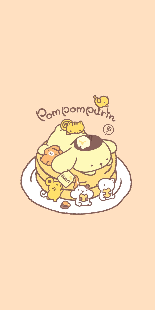 A Pompompurin wallpaper with the cat sleeping on a stack of pancakes - Foodie