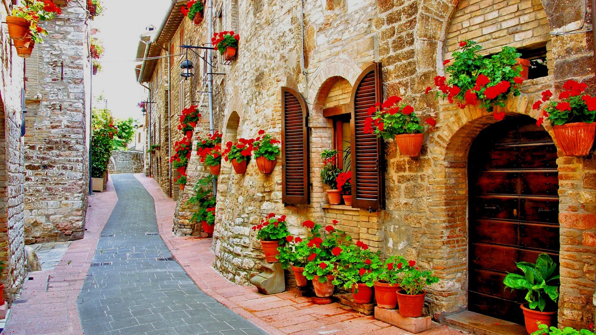 The streets of Assisi, Italy, are lined with flowers. - Italy