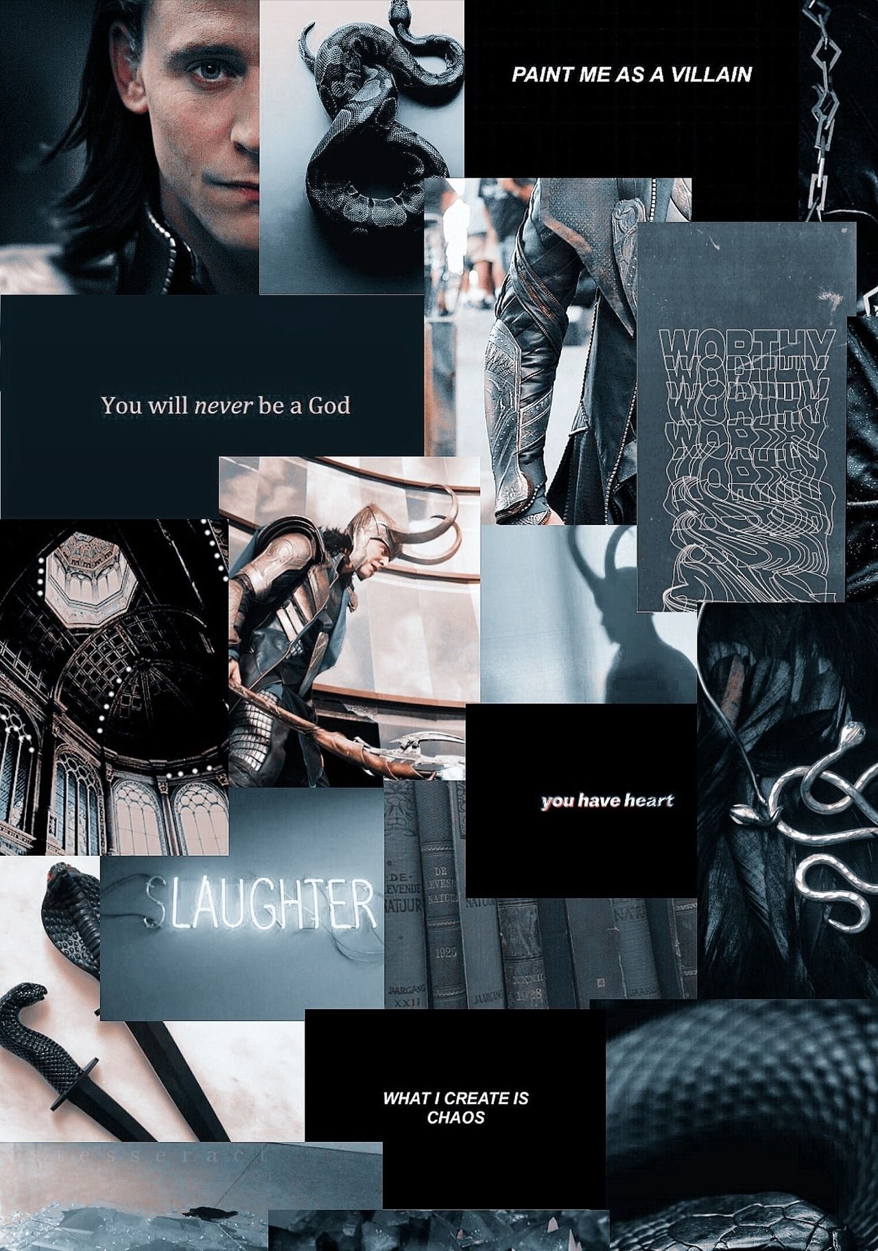 A collage of images of Tom Hiddleston as Loki, a few quotes from the character, and some of his quotes from the Marvel Cinematic Universe. - Loki