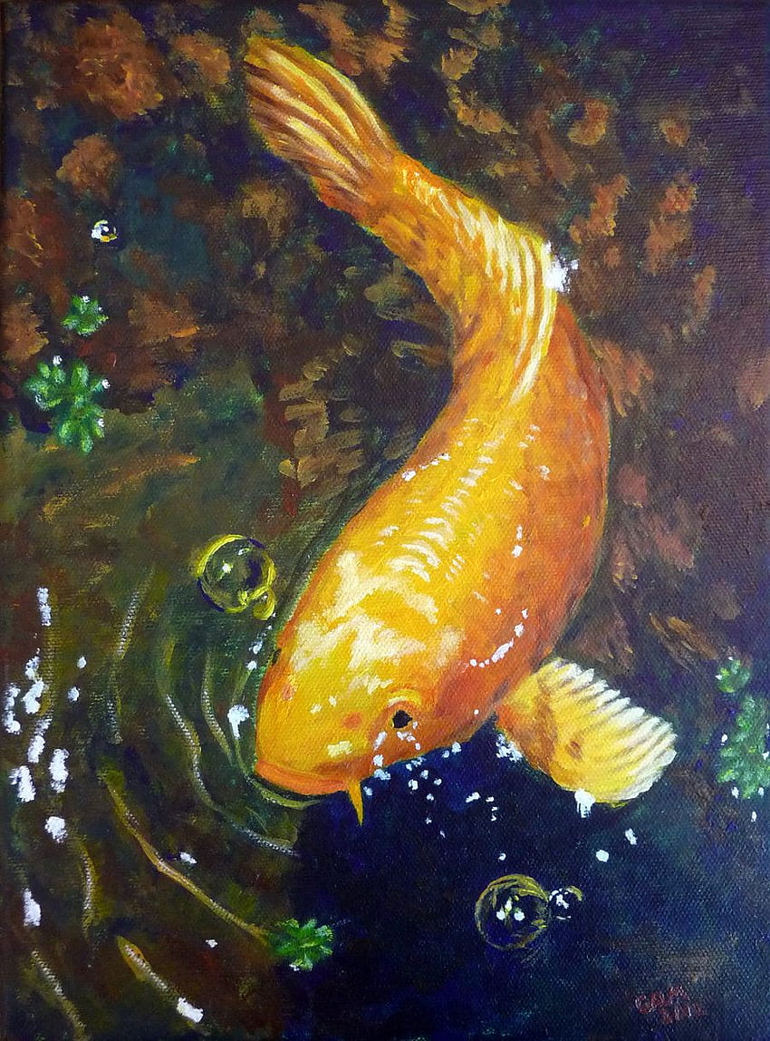 A painting of a golden fish in a pond - Koi fish