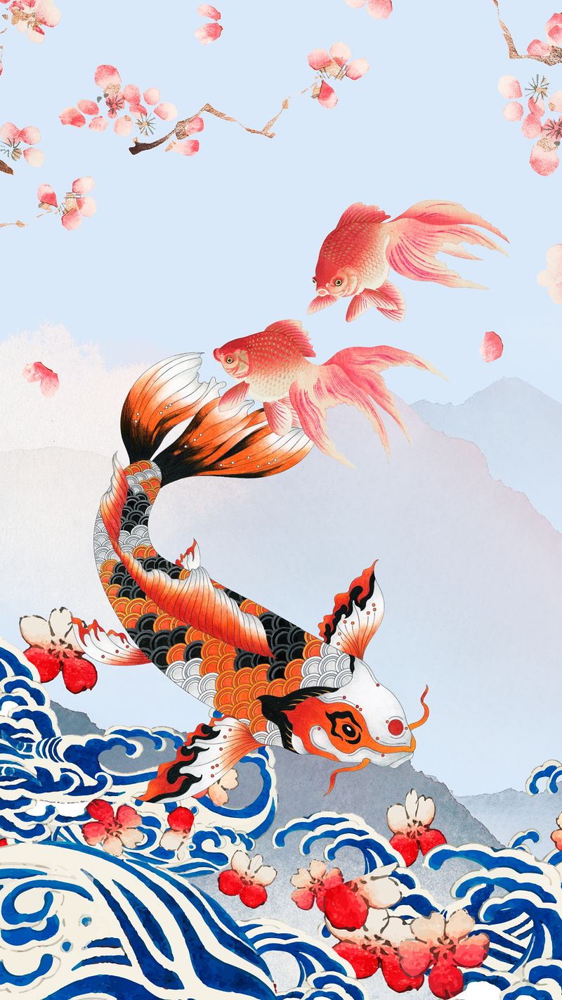 A painting of fish swimming in the water - Koi fish