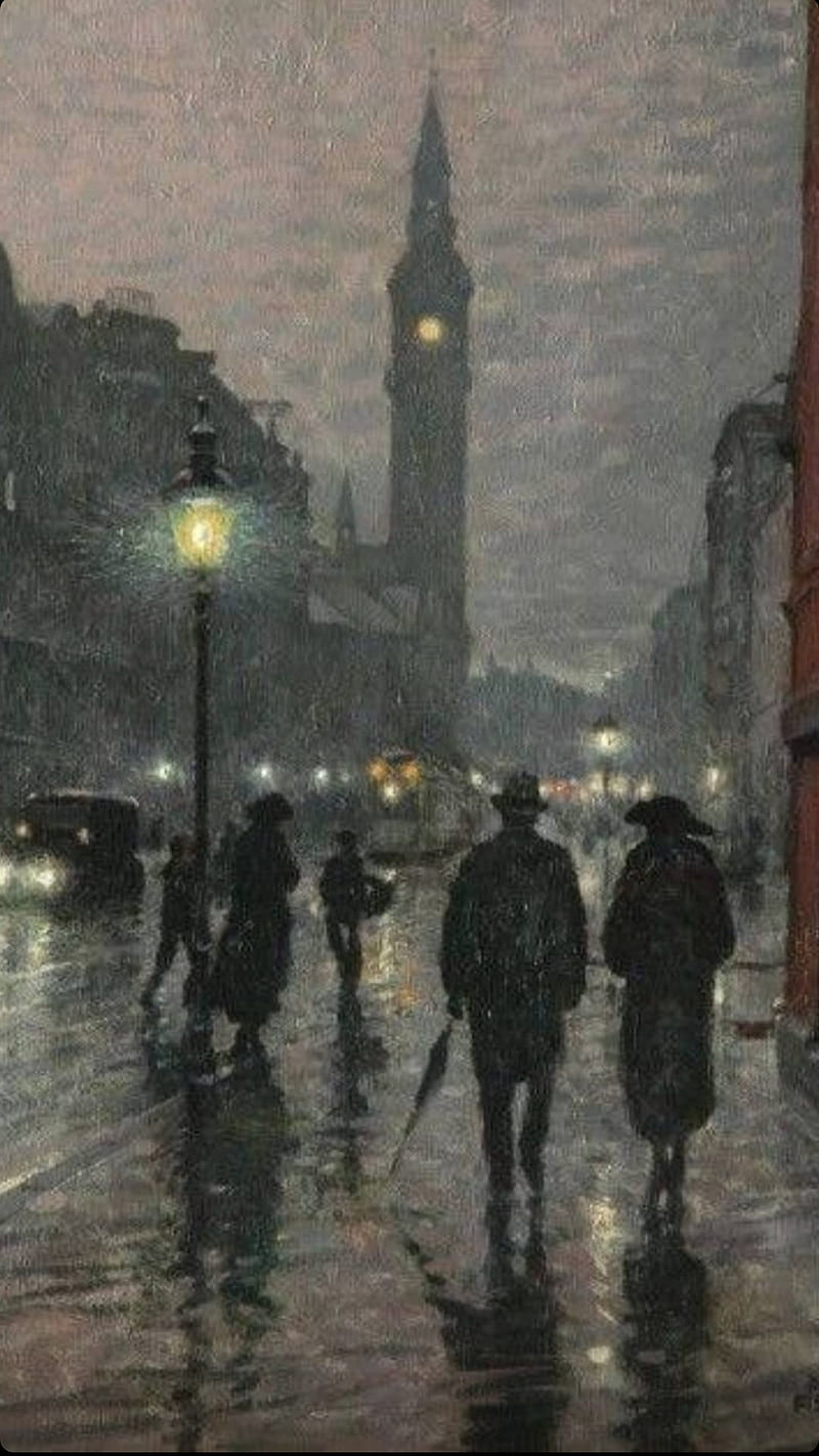 A painting of people walking down the street in rain - London