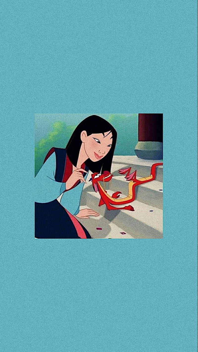 Aesthetic Disney Mulan wallpaper for phone with light blue background and Mulan playing with her red dragonfly. - Mulan, Disney